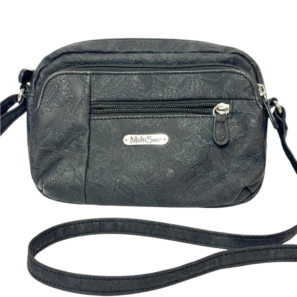 MultiSac Black Floral Jacquard Crossbody Bag — Multi-Pocket Organizer